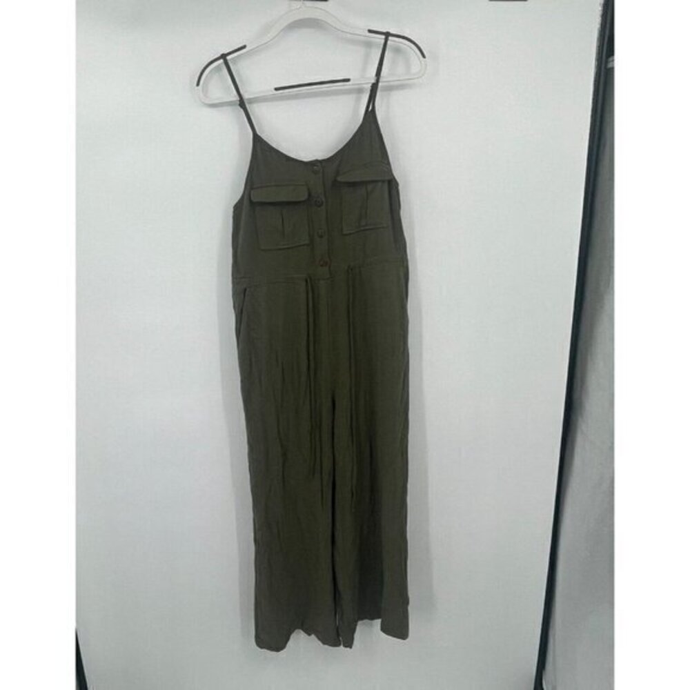 Promesa Womens Jumpsuit Small Green Sleeveless Linen Blend Button Front Casual